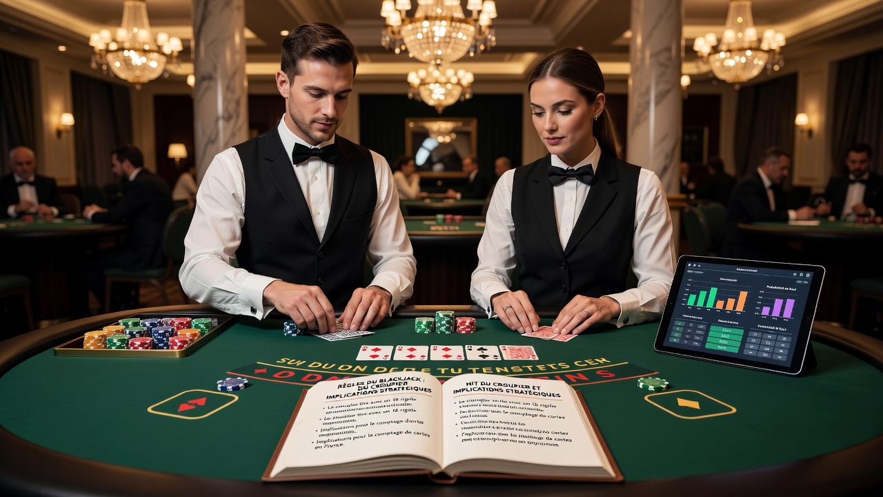 Close-up of blackjack cards and chips at a French gaming table illustrating dealer hand evaluation